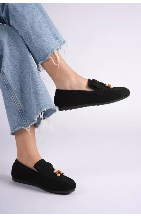 Kadın Siyah Süet Boncuk Detaylı Püsküllü Loafer Ayakkabı Rahat Günlük TR19MS03A
