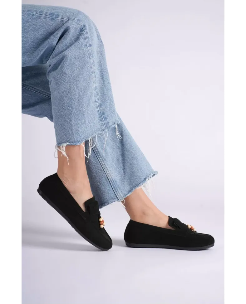 Kadın Siyah Süet Boncuk Detaylı Püsküllü Loafer Ayakkabı Rahat Günlük TR19MS03A