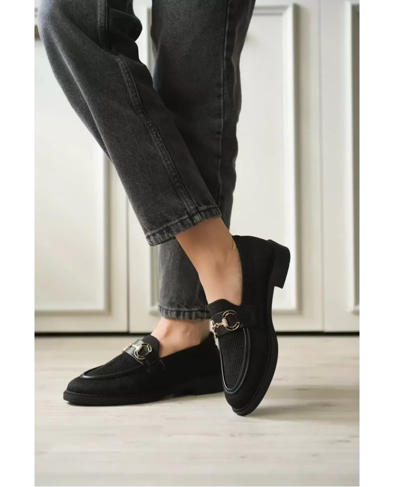 Siyah Kadın Loafer Metal Tokalı Rahat Günlük Ayakkabı TR30MS02A