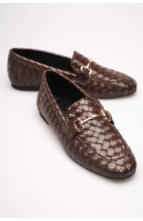 Kadın Acı Kahve Örgü Dokulu Metal Tokalı Loafer Rahat Günlük Ayakkabı TR23MS09C