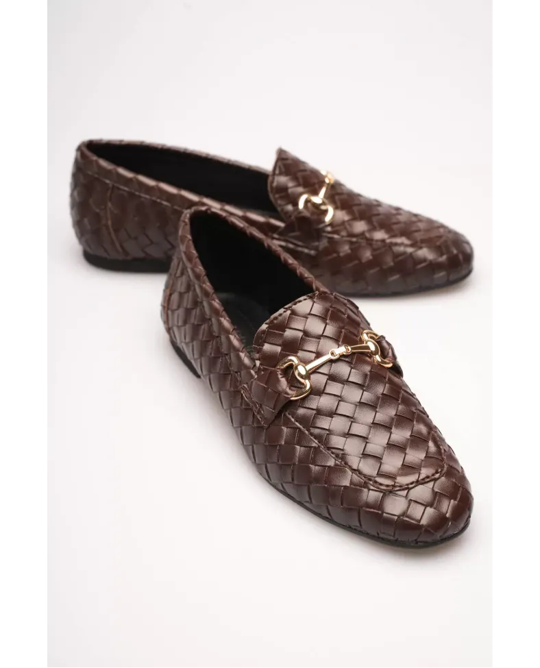 Kadın Acı Kahve Örgü Dokulu Metal Tokalı Loafer Rahat Günlük Ayakkabı TR23MS09C
