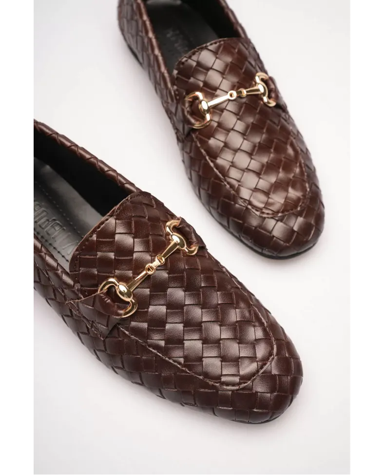 Kadın Acı Kahve Örgü Dokulu Metal Tokalı Loafer Rahat Günlük Ayakkabı TR23MS09C