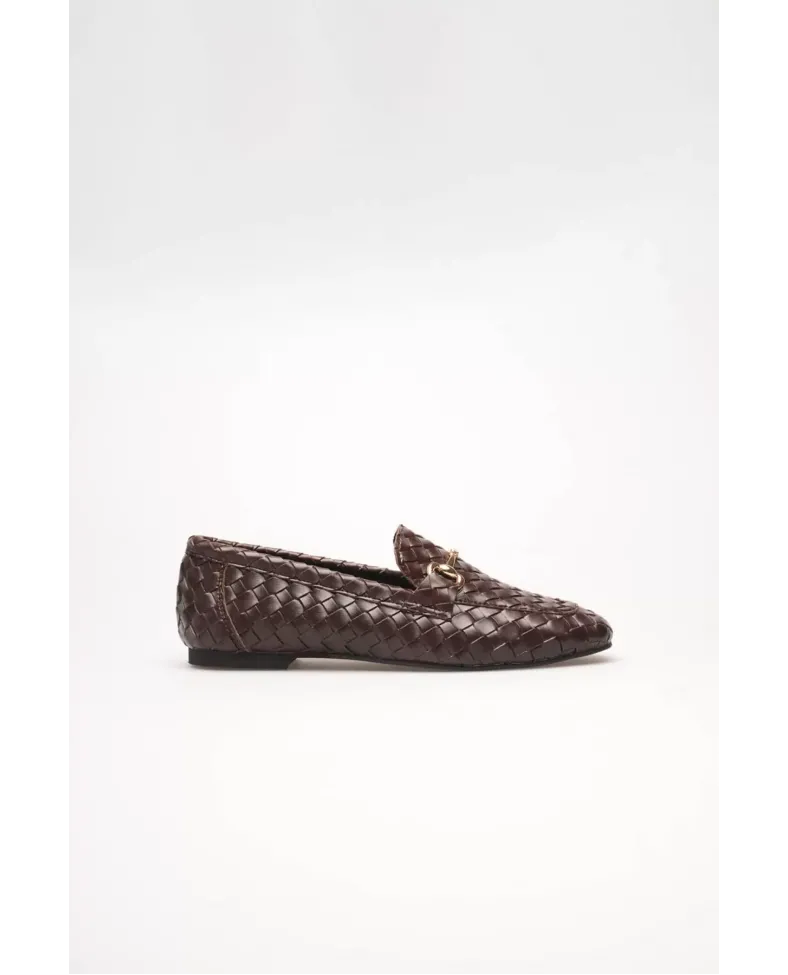 Kadın Acı Kahve Örgü Dokulu Metal Tokalı Loafer Rahat Günlük Ayakkabı TR23MS09C