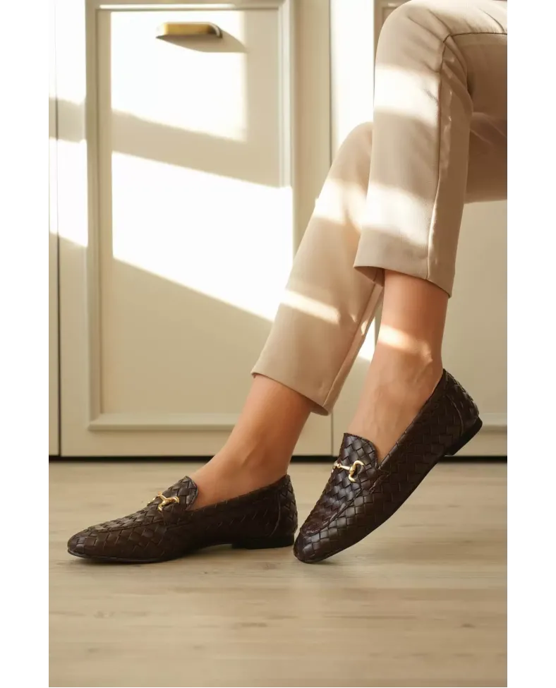 Kadın Acı Kahve Örgü Dokulu Metal Tokalı Loafer Rahat Günlük Ayakkabı TR23MS09C