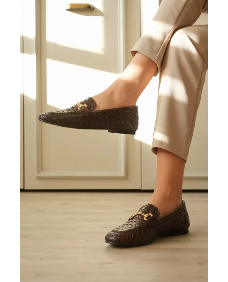 Kadın Acı Kahve Örgü Dokulu Metal Tokalı Loafer Rahat Günlük Ayakkabı TR23MS09C
