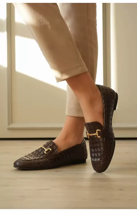 Kadın Acı Kahve Örgü Dokulu Metal Tokalı Loafer Rahat Günlük Ayakkabı TR23MS09C