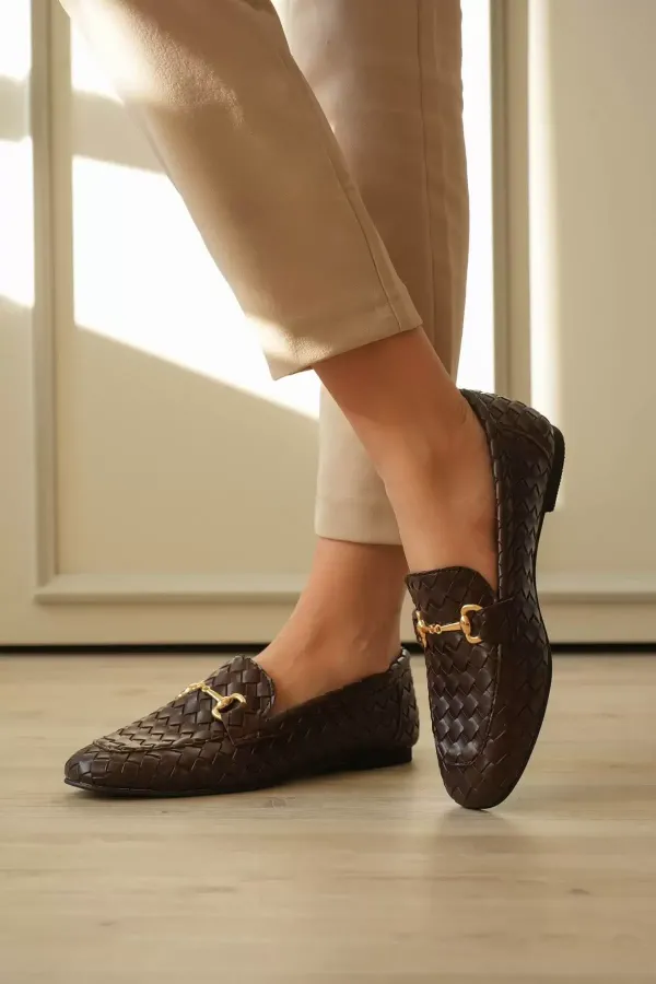 Kadın Acı Kahve Örgü Dokulu Metal Tokalı Loafer Rahat Günlük Ayakkabı TR23MS09C
