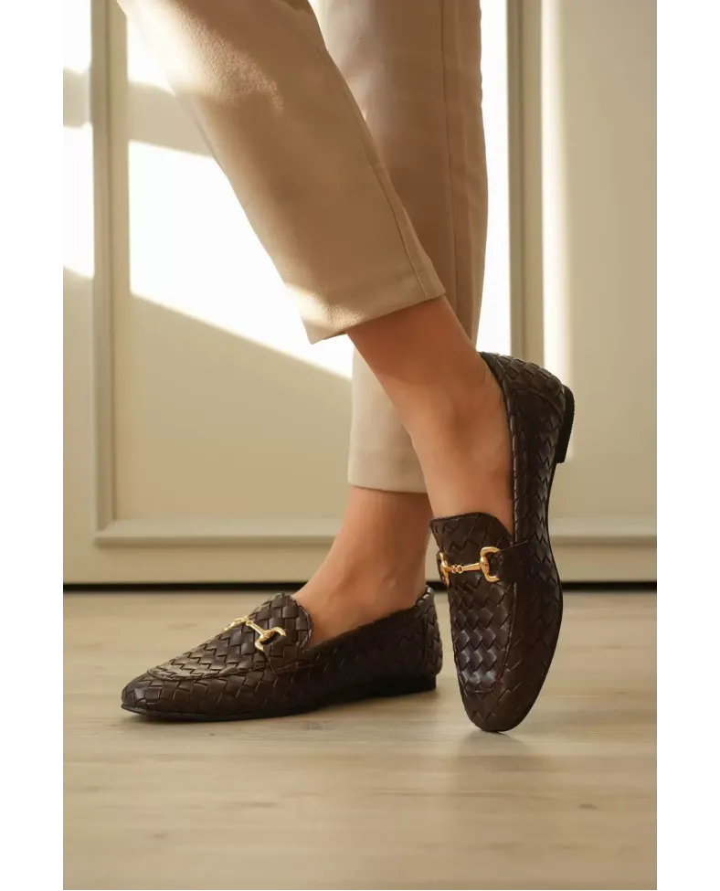 Kadın Acı Kahve Örgü Dokulu Metal Tokalı Loafer Rahat Günlük Ayakkabı TR23MS09C