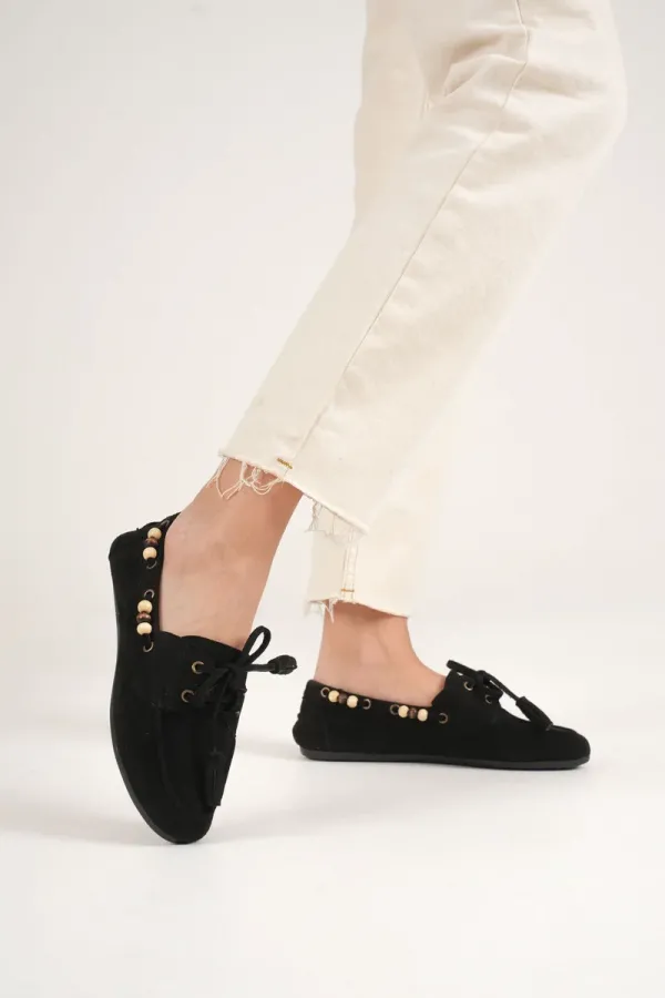 Kadın Siyah Boncuklu Günlük Süet Ayakkabı TR27MS07A