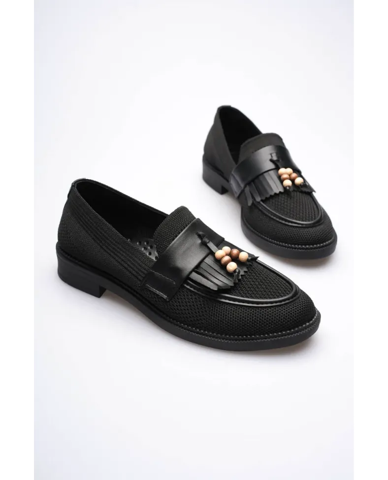 Kadın Siyah Boncuk Püsküllü Günlük Kısa Topuklu Ayakkabı TR30MS01A