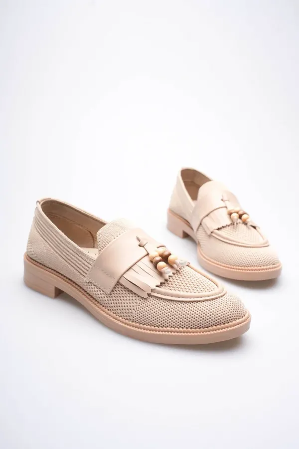 Kadın Bej Boncuk Püsküllü Günlük Kısa Topuklu Ayakkabı TR30MS01B