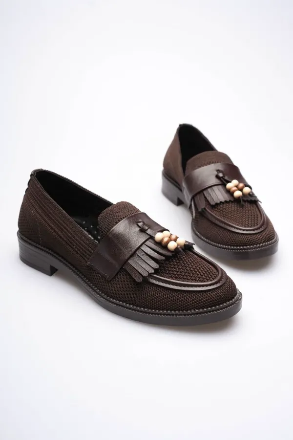 Kadın Acı Kahve Boncuk Püsküllü Günlük Kısa Topuklu Ayakkabı TR30MS01C