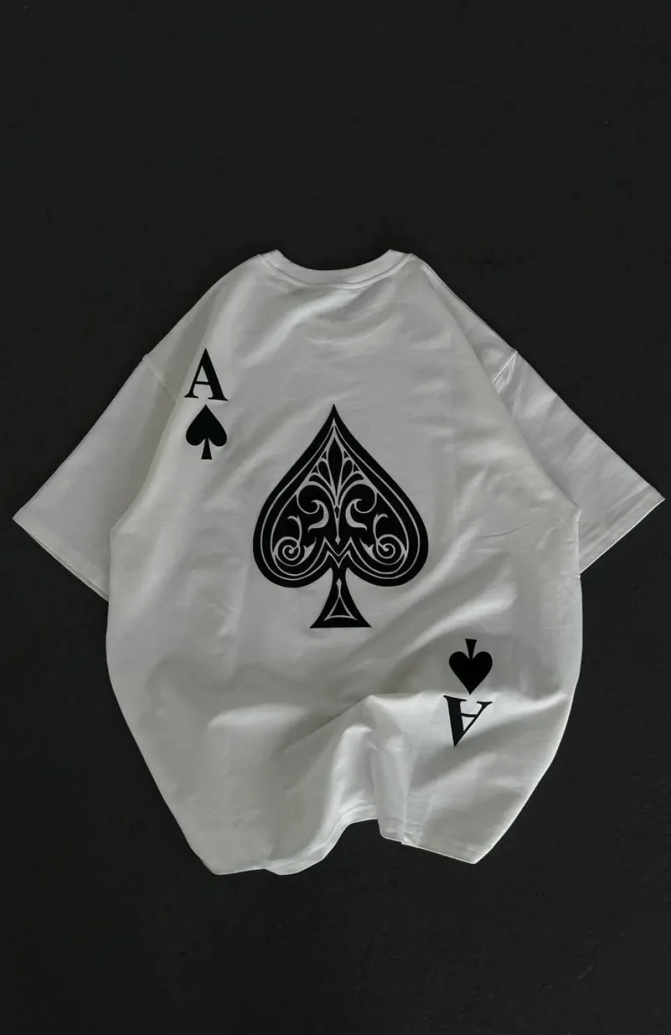 Unisex Bisiklet Yaka Baskılı Oversize T-Shirt - Beyaz