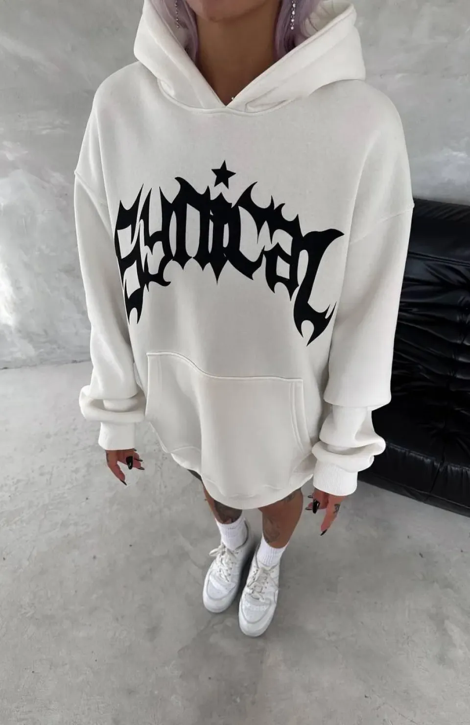 Unisex Üç İplik Kapüşonlu Baskılı SweatShirt - Beyaz