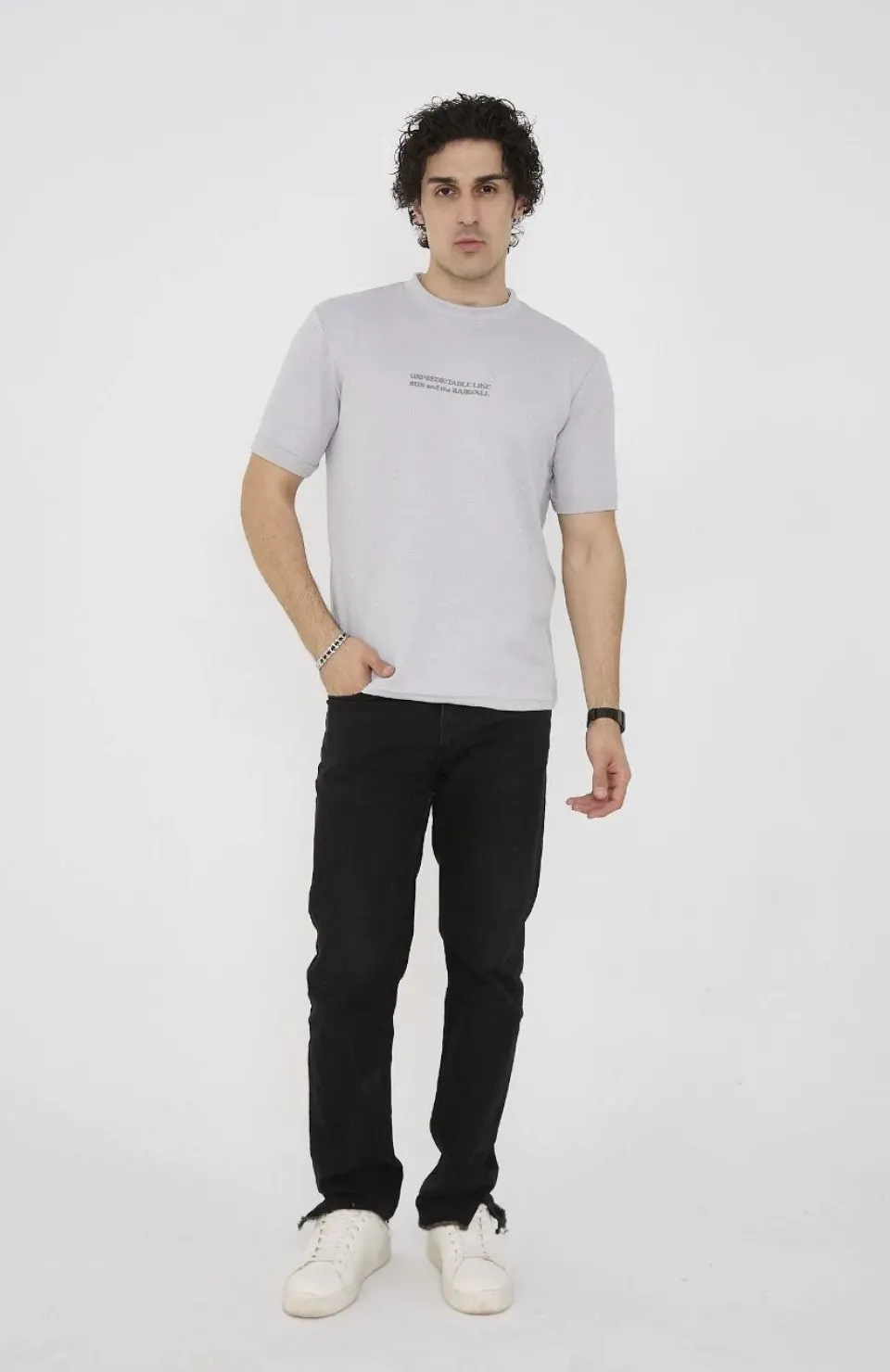 Unisex Bisiklet Yaka Slim fit T-Shirt- Boyalı Gri