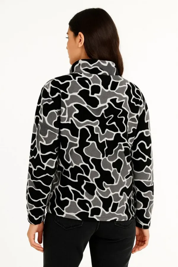 KADIN Yarım Fermuarlı Desenli Polar Sweat Yakalı, Uzun Kollu, Oversize Rahat Kalıp - Siyah