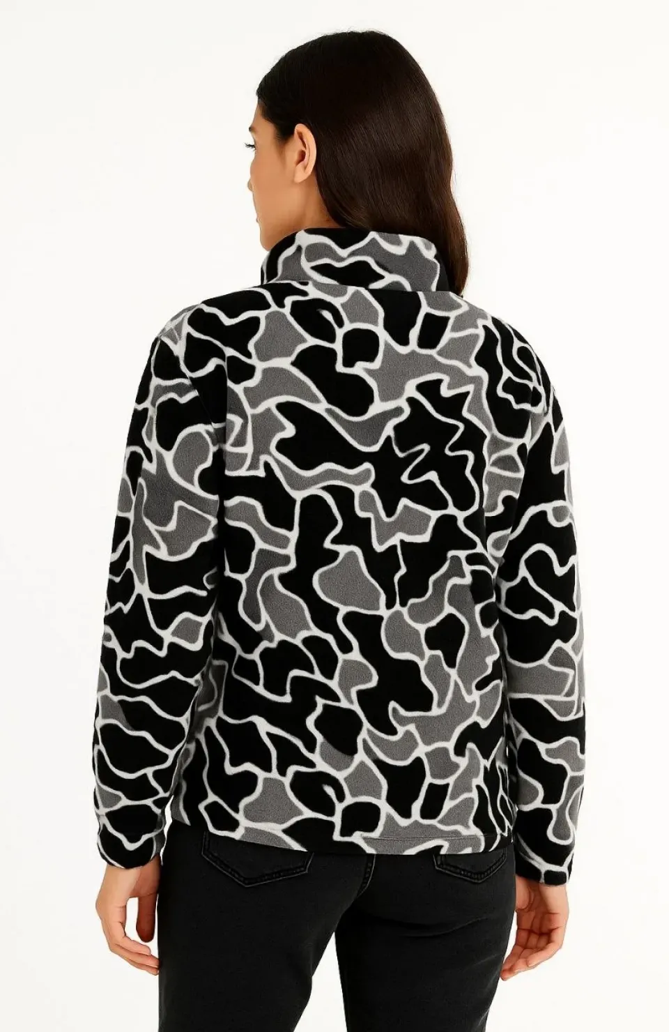 KADIN Yarım Fermuarlı Desenli Polar Sweat Yakalı, Uzun Kollu, Oversize Rahat Kalıp - Siyah