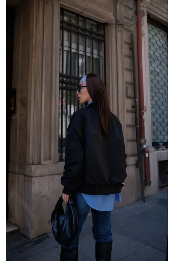 Cepli Bomber Ceket Mont - Siyah