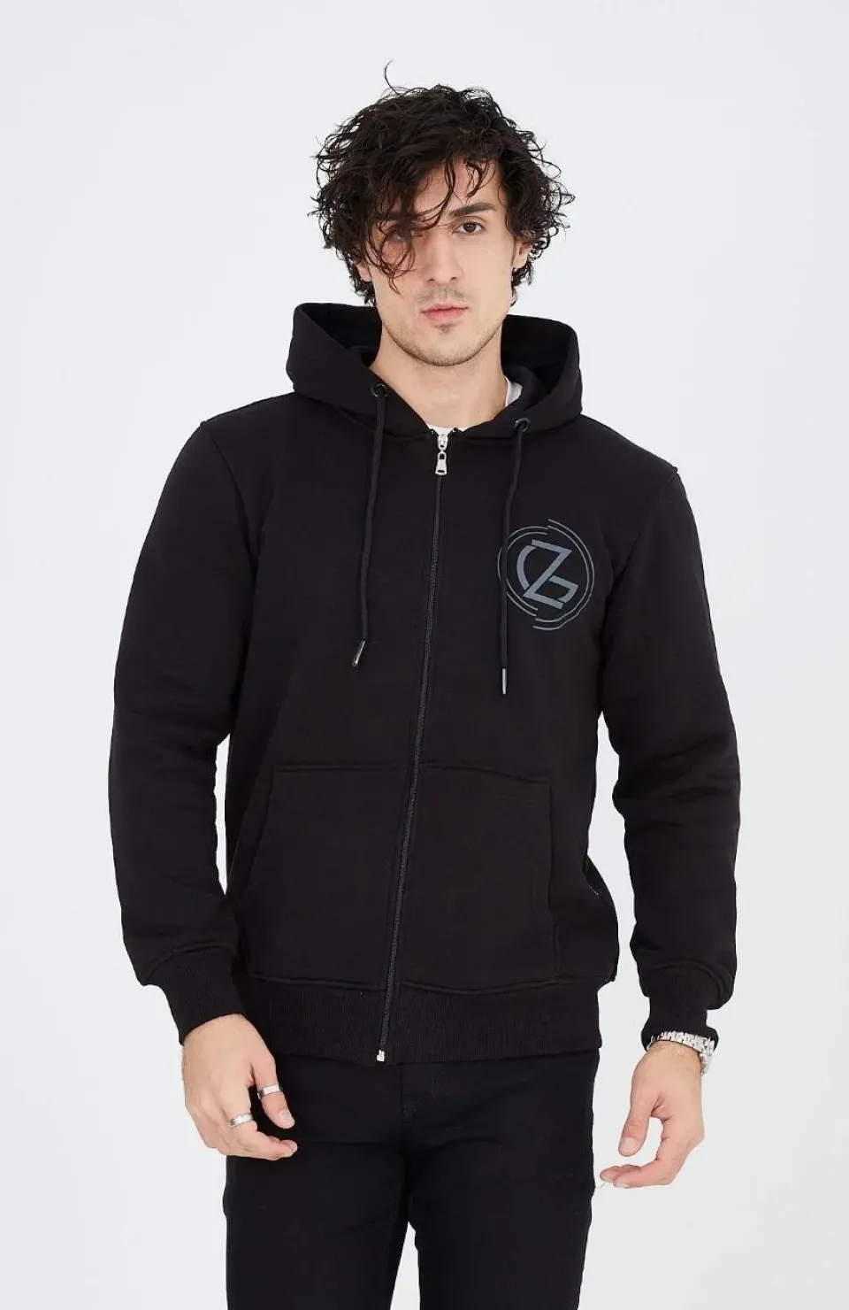 Erkek Kapüşonlu Baskılı Fermuarlı Hırka - Siyah