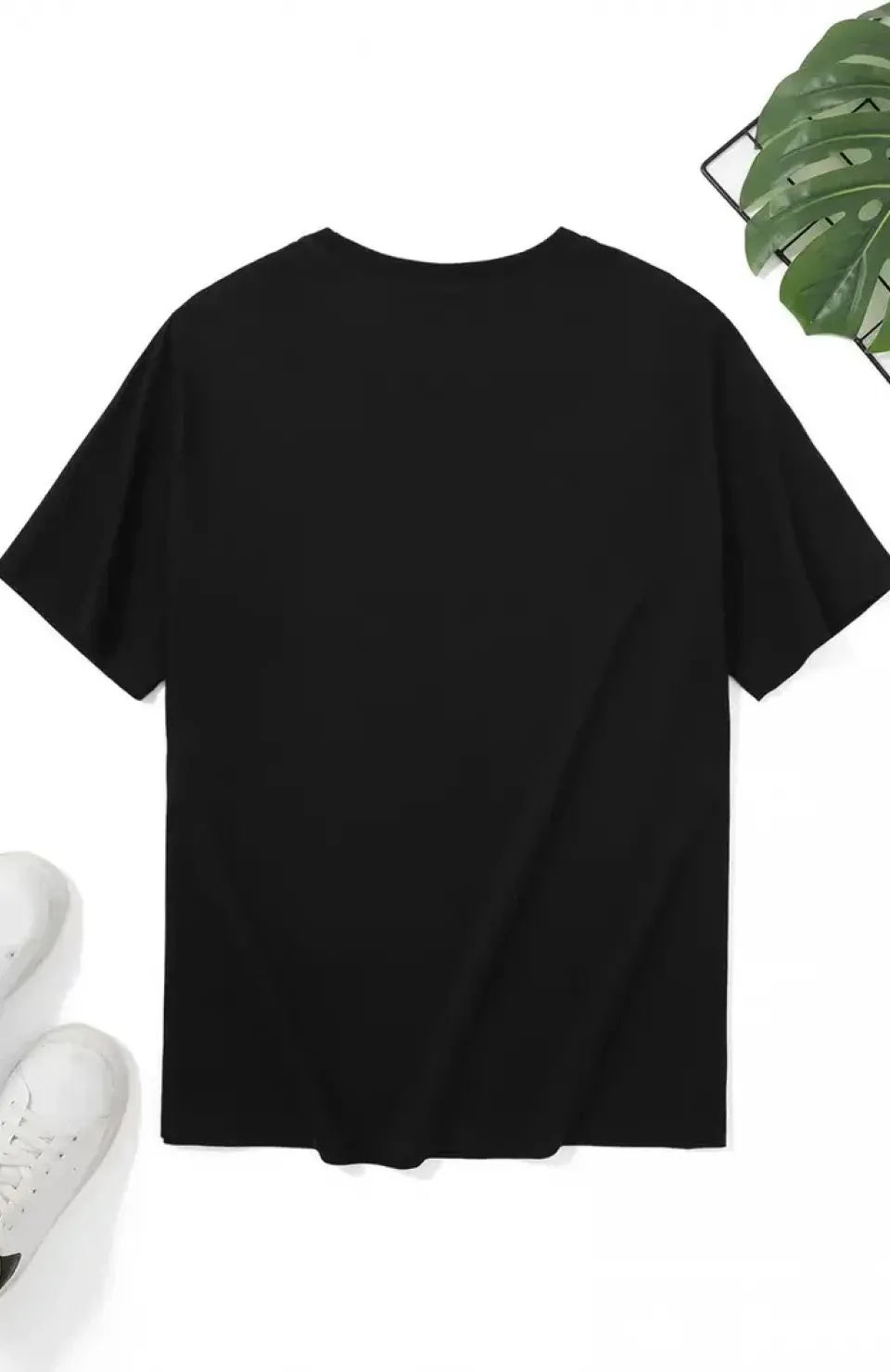 20/1 Penye Compack Palmiye Ön Baskılı Oversize Bisiklet Yaka Kısa Kol Yazlık T-shirt - Siyah