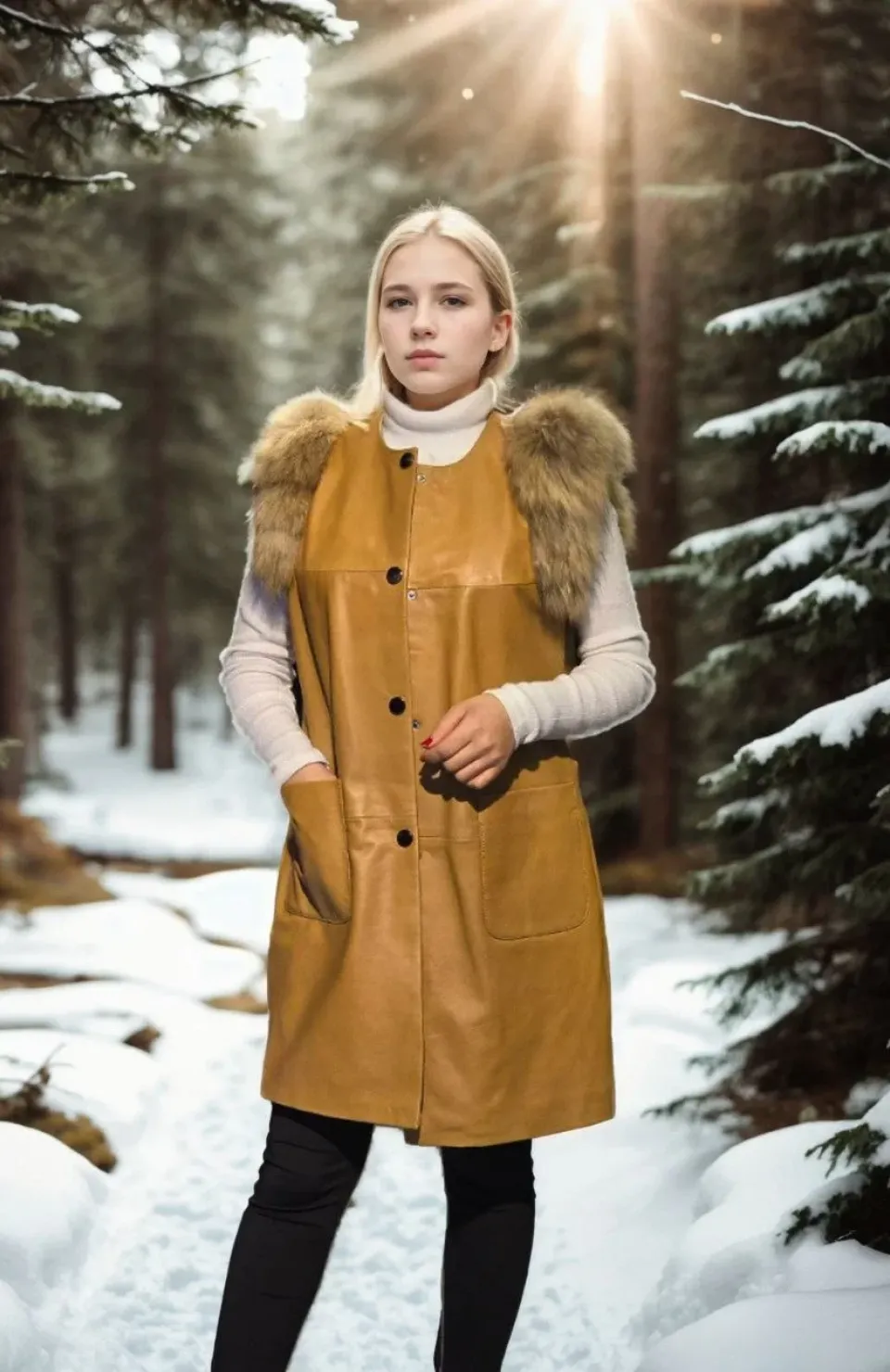 Kadın Kolsuz Hakiki Deri Kürk - Hardal