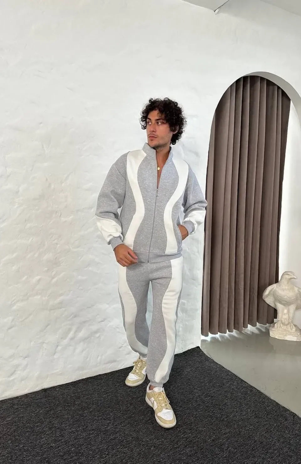 Erkek Premium Parçalı Eşofman Takım - Dik Yaka Fermuarlı Sweatshirt, - Gri