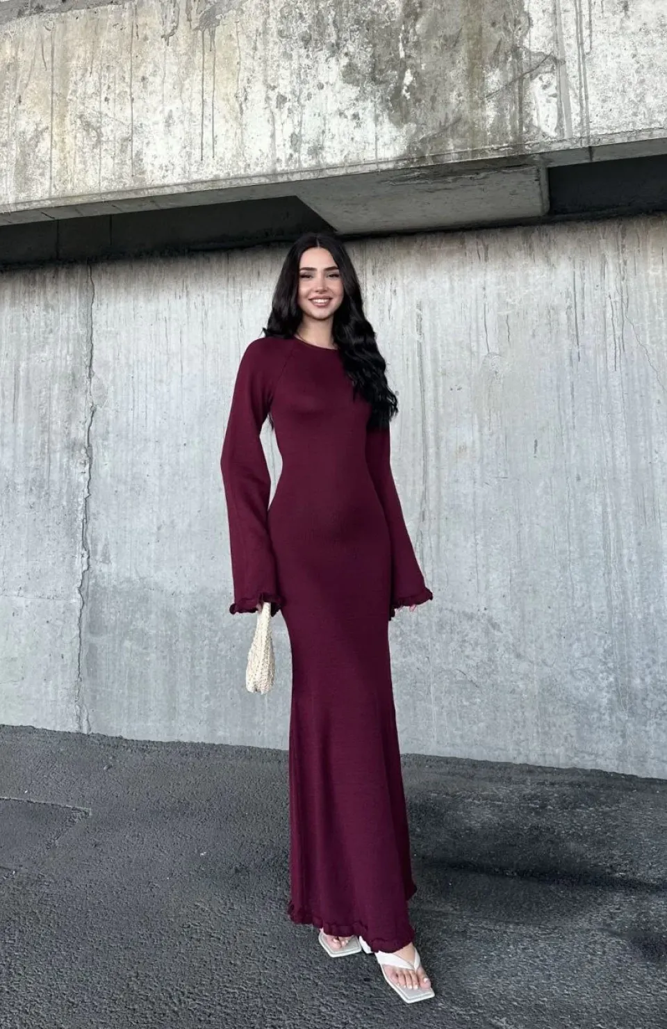 Acık Sırt Detaylı Maxi Uzun Boy Elbise- Bordo