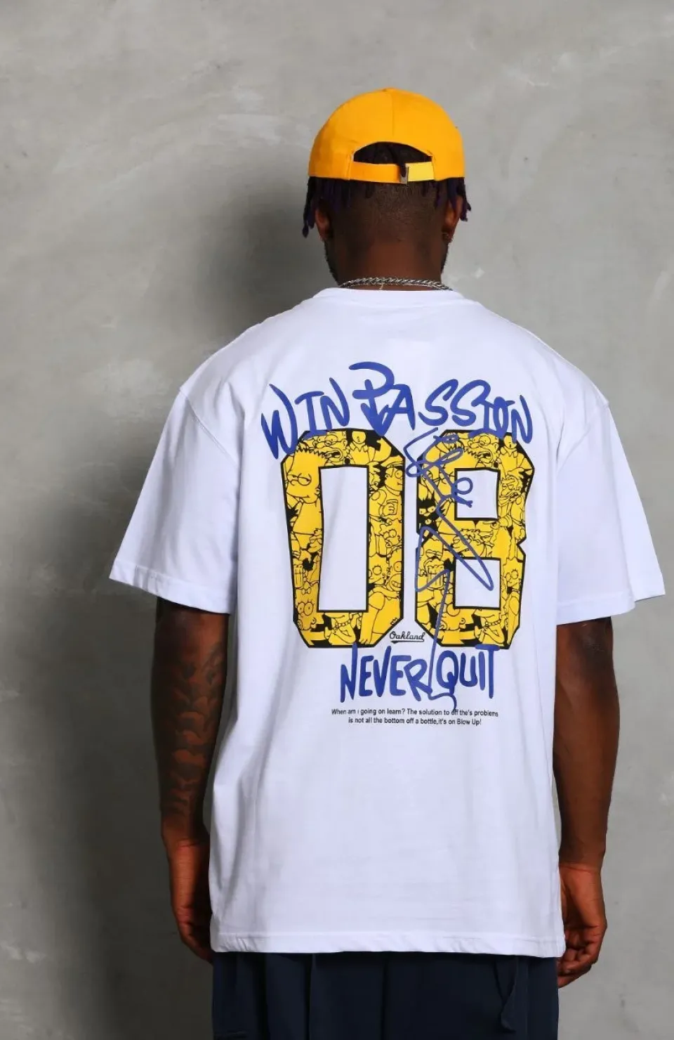 Unisex Oversize Baskılı Bisiklet Yaka T-Shirt - Beyaz