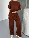 Osy Modal Yumuşak Dokulu Kumaş Kısa Kollu Bluz Rahat Pantalon ikili Takım- Kahverengi
