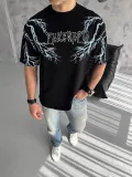 Unisex Bisiklet Yaka Baskılı Oversize T-Shirt-Siyah Somersan Giyim | Kadın, Erkek ve Çocuk Moda