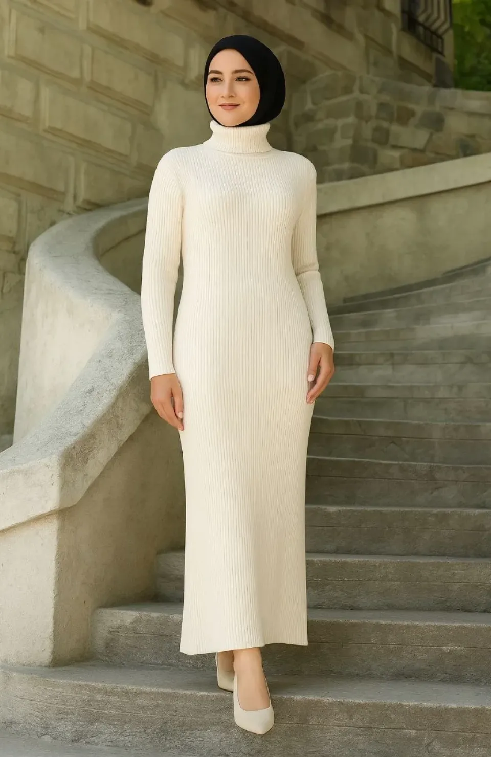 Kadın Tesettür Triko Elbise – Boğazlı Uzun Fitilli Dokuma, Esnek Tam Kalıp, 130 cm Midi Boy, Bahar & Kış Şık Rahat Stil - Beyaz