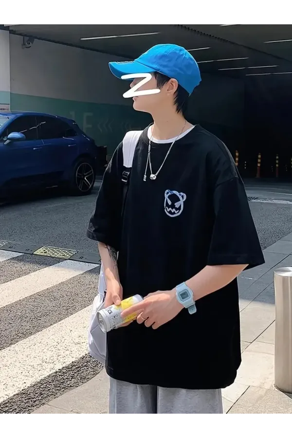 20/1 Penye Compack Bisiklet Yaka Kore tarzı sevimli ayı baskı Kısa Kol Erkek t-shirt - Siyah