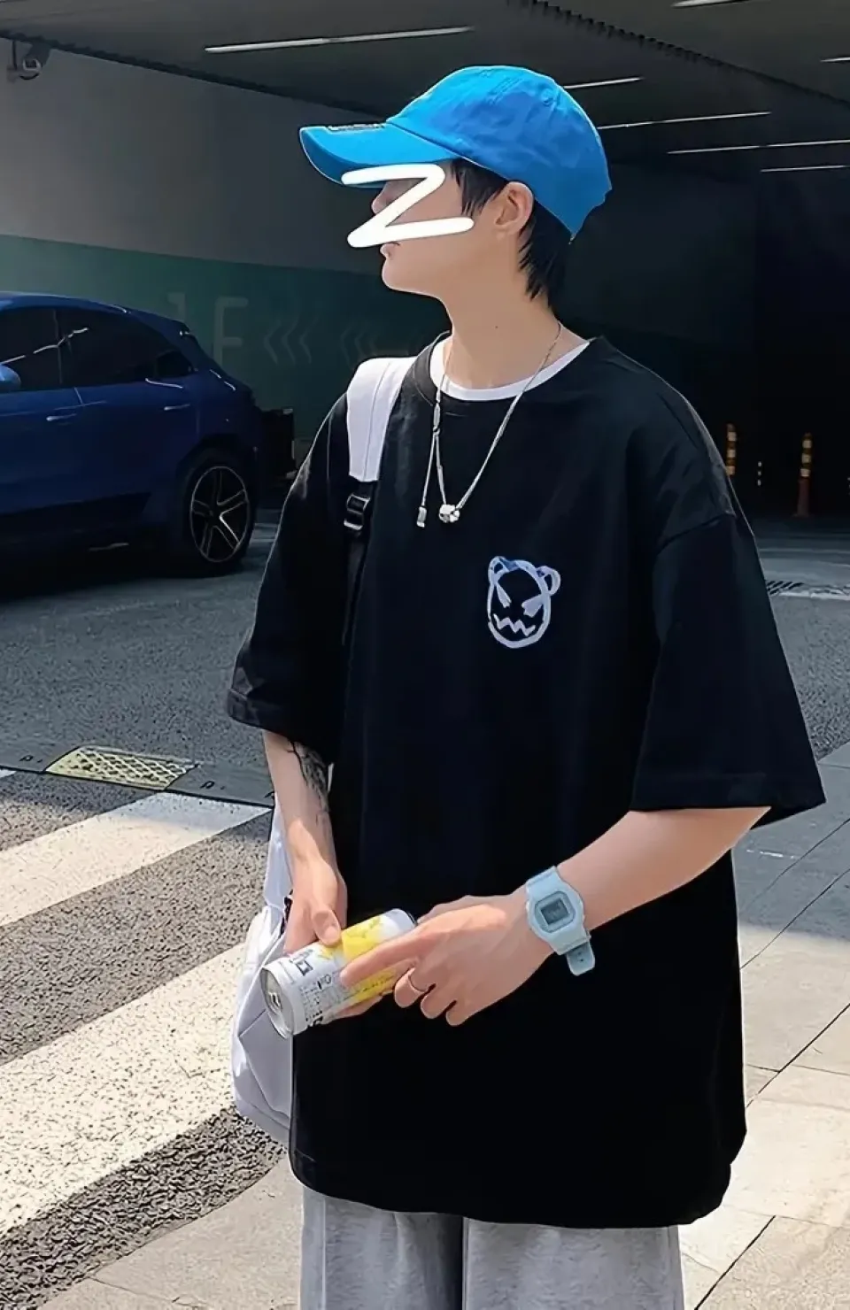 20/1 Penye Compack Bisiklet Yaka Kore tarzı sevimli ayı baskı Kısa Kol Erkek t-shirt - Siyah