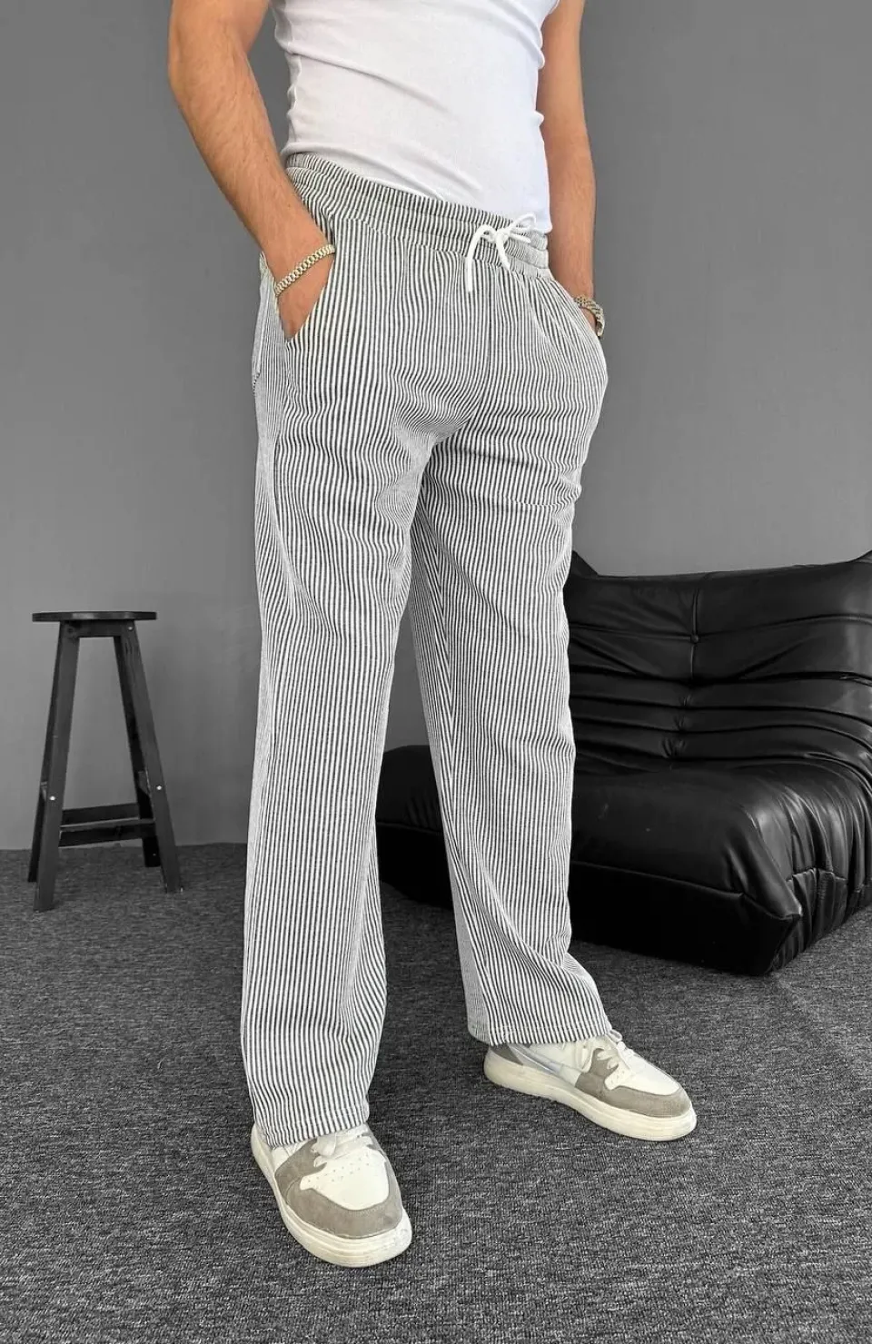 Su Yolu Çizgili Cepli Pantalon Yazlık - Gri