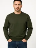 Erkek Üç İplik Düz Bisiklet Yaka SweatShirt - Haki