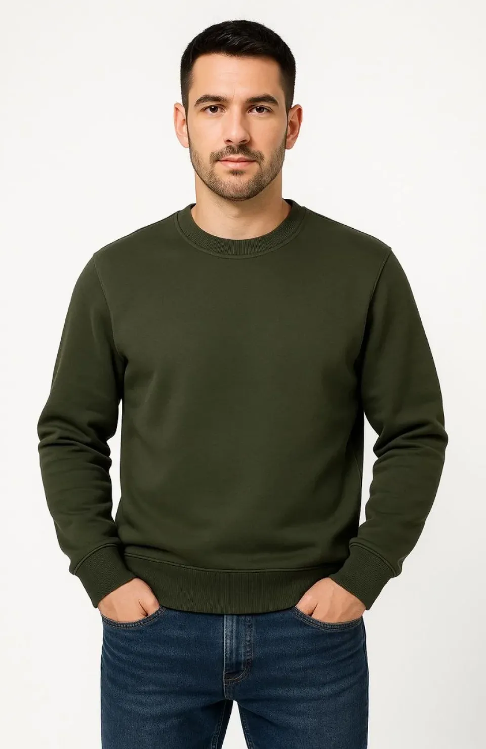 Erkek Üç İplik Düz Bisiklet Yaka SweatShirt - Haki