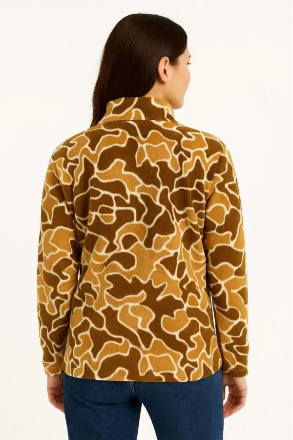 KADIN Yarım Fermuarlı Desenli Polar Sweat Yakalı, Uzun Kollu, Oversize Rahat Kalıp - Kahverengi