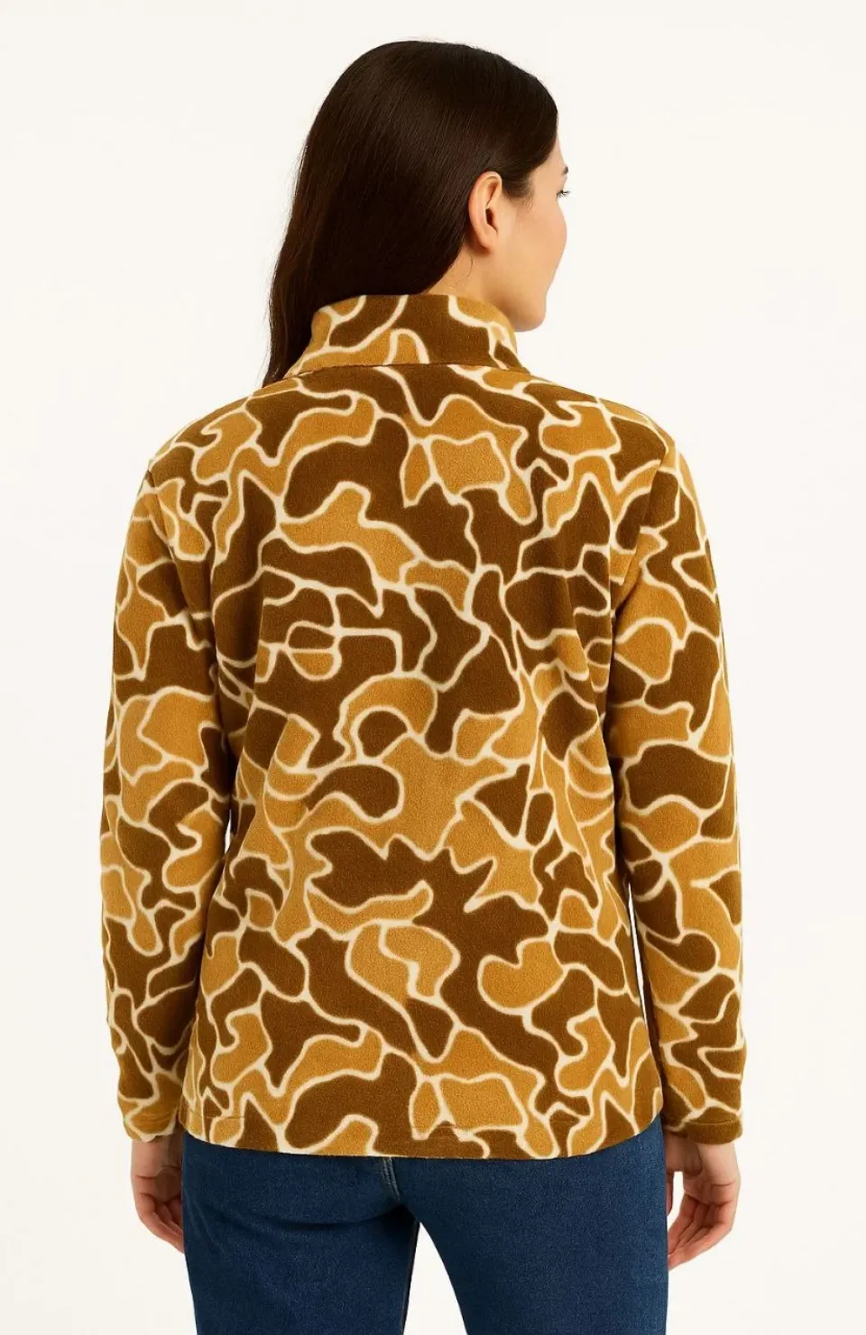 KADIN Yarım Fermuarlı Desenli Polar Sweat Yakalı, Uzun Kollu, Oversize Rahat Kalıp - Kahverengi