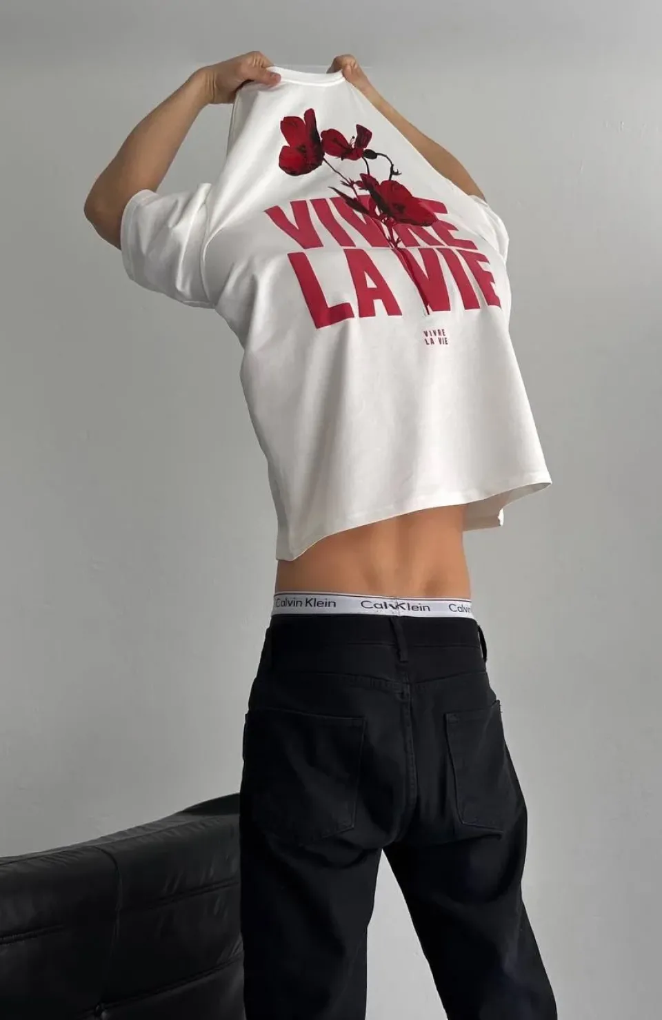 Baskılı Oversize Bisiklet Yaka T-shirt - Beyaz