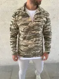 Erkek Yarım Fermuarlı Desenli Polar Sweat – Haki Kamuflaj Yakalı, Uzun Kollu, Oversize Rahat Kalıp - Haki
