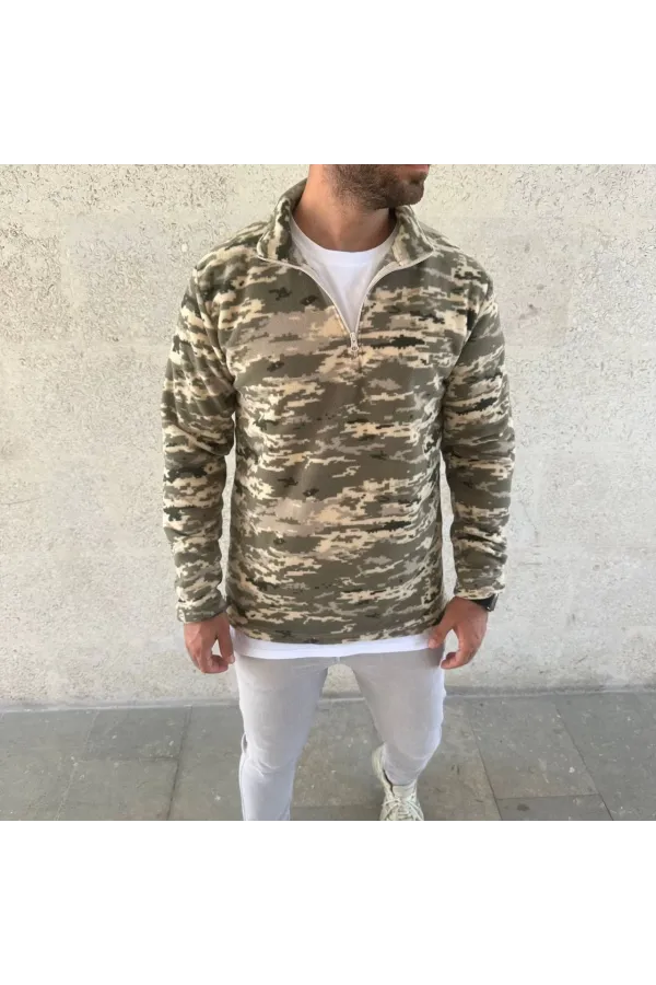 Erkek Yarım Fermuarlı Desenli Polar Sweat – Haki Kamuflaj Yakalı, Uzun Kollu, Oversize Rahat Kalıp - Haki