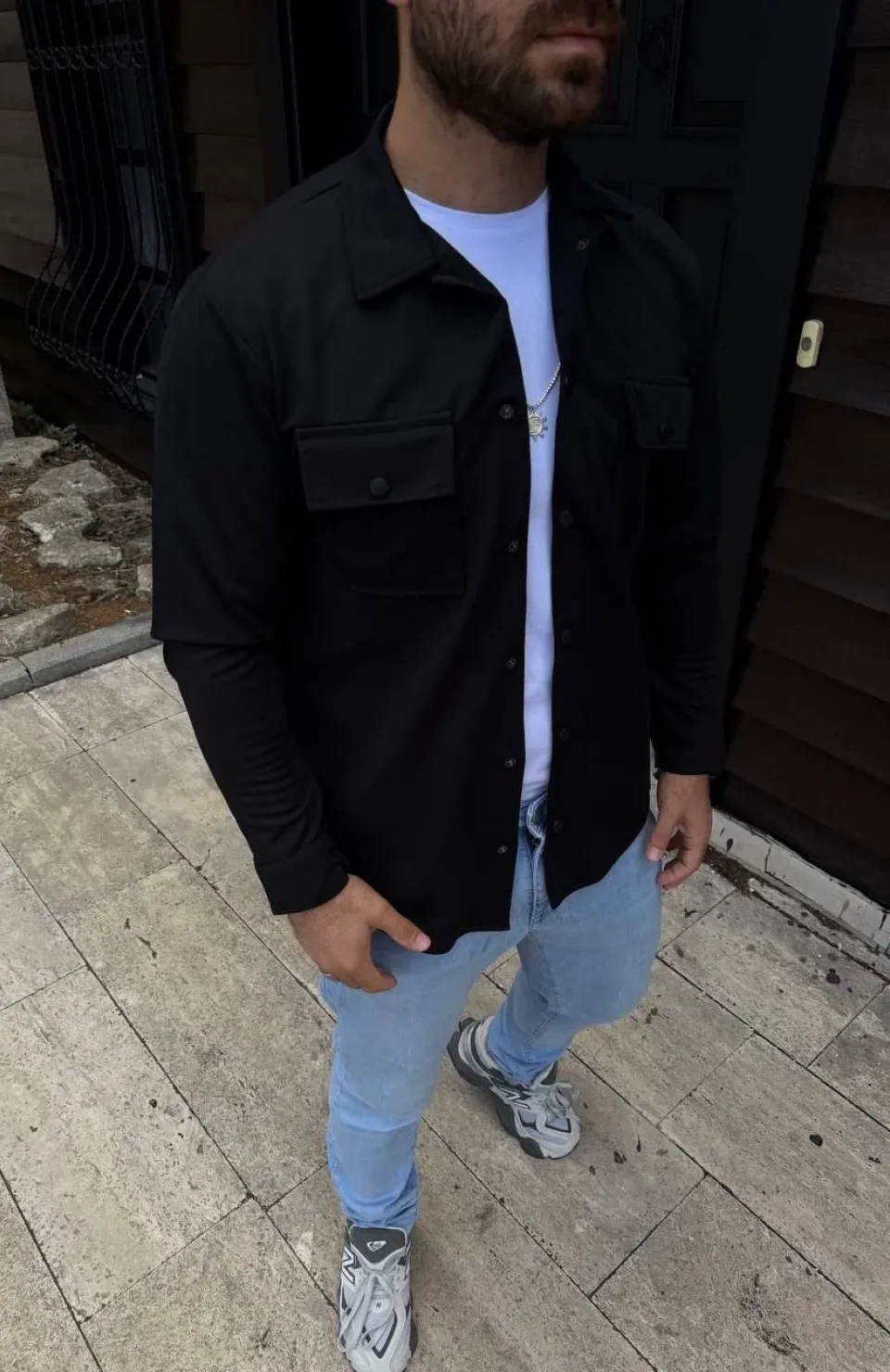 Erkek Diagonal Kumaş Cepli Çıtçıtlı uzun Kollu, Gömlek Oversize Rahat Kalıp Günlük Şık Stil - Siyah