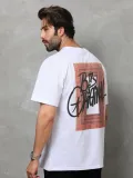 Unisex Bisiklet Yaka Baskılı Oversize T-Shirt - Beyaz