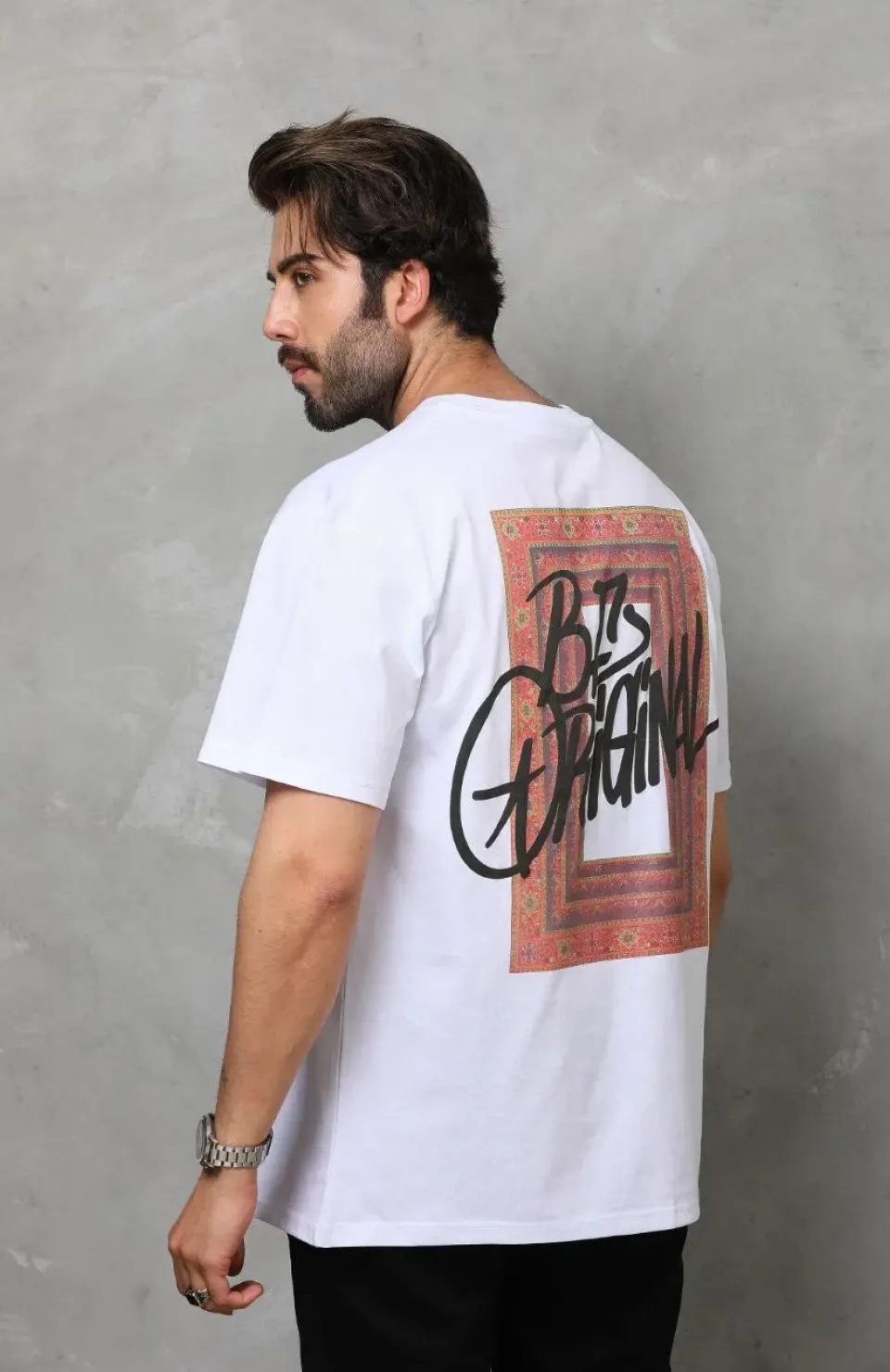 Unisex Bisiklet Yaka Baskılı Oversize T-Shirt - Beyaz