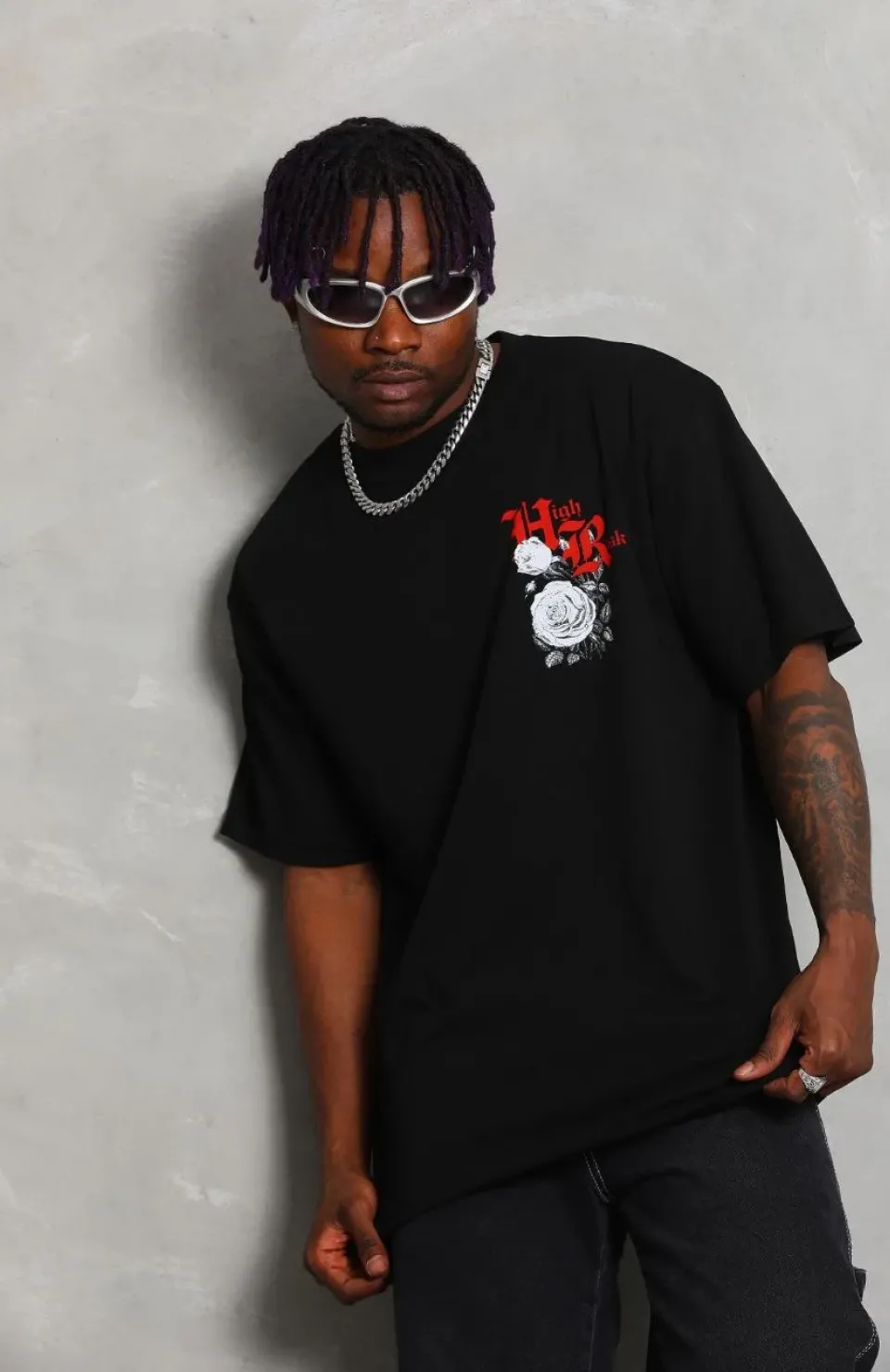 Unisex Oversize Baskılı Bisiklet Yaka T-Shirt - Siyah