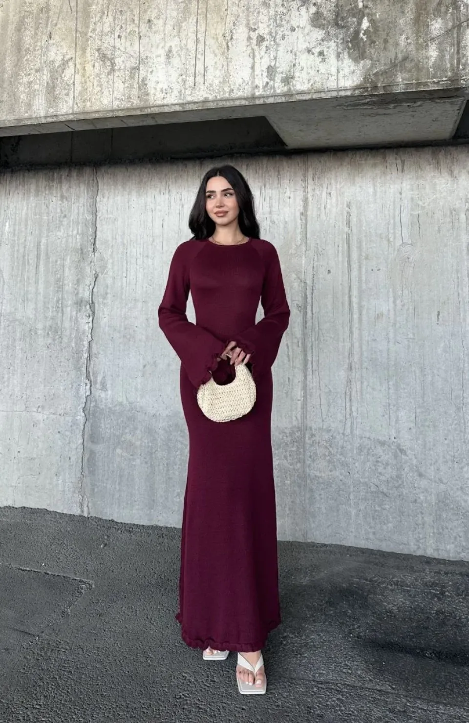 Acık Sırt Detaylı Maxi Uzun Boy Elbise- Bordo