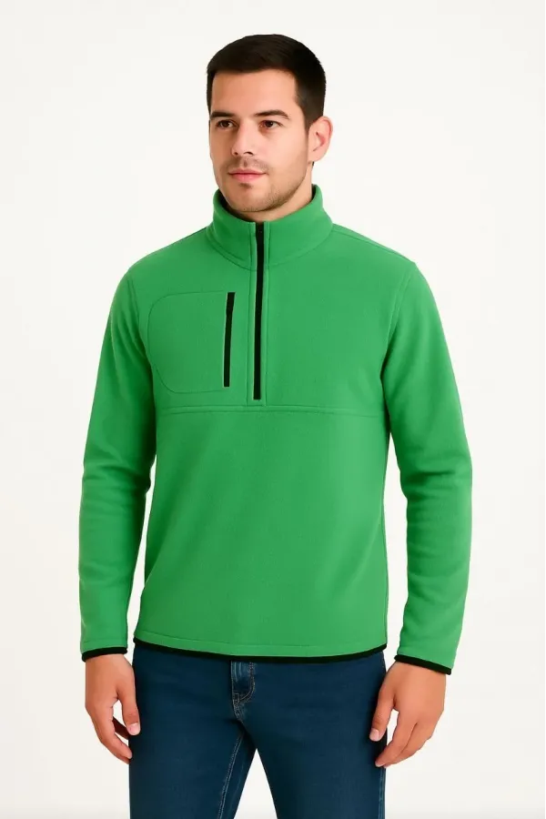 Erkek Polar Kazak – Dik Yaka, Yarım Fermuarlı, Fermuarlı Göğüs Cepli, Siyah Biyeli, Kışlık Rahat Regular Fit Günlük Model - Yeşil