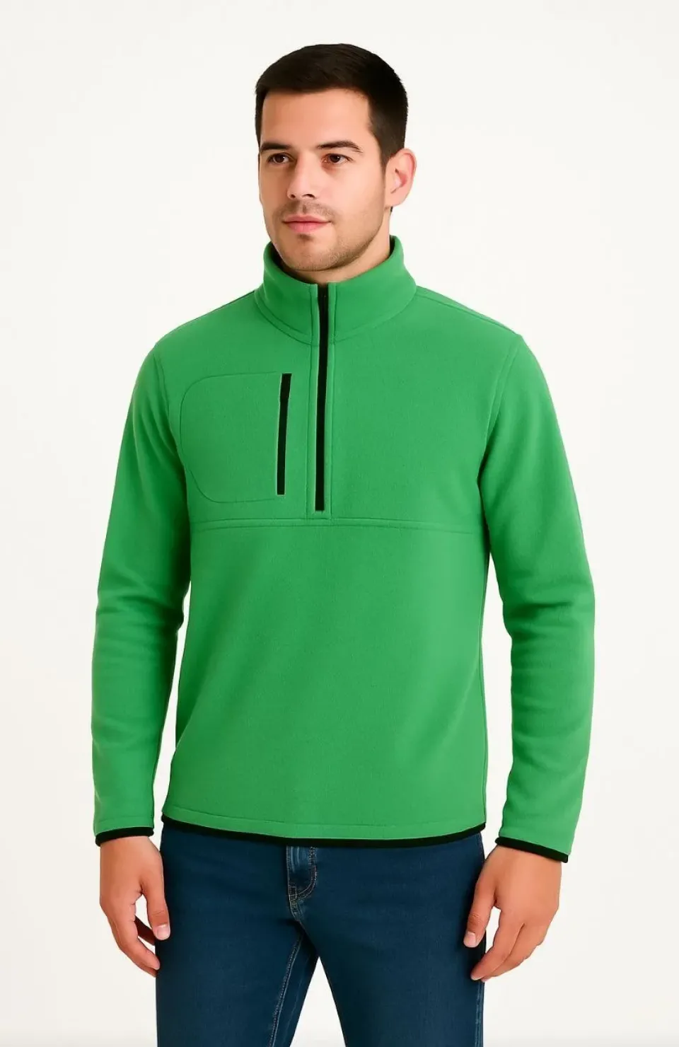 Erkek Polar Kazak – Dik Yaka, Yarım Fermuarlı, Fermuarlı Göğüs Cepli, Siyah Biyeli, Kışlık Rahat Regular Fit Günlük Model - Yeşil