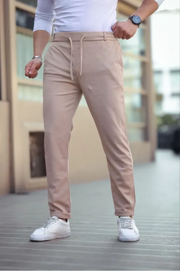 Erkek Diagonel Mikro dokulu Cepli Beli Lastilki Pantolon - Kahverengi