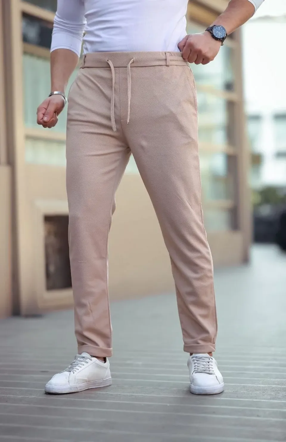 Erkek Diagonel Mikro dokulu Cepli Beli Lastilki Pantolon - Kahverengi